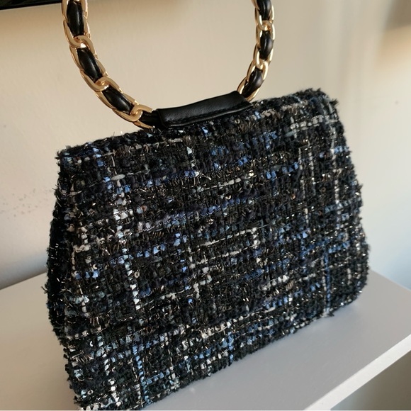 Mini Tweed Blue Black White Fabric Gold Chain Link Shoulder Handbag - Picture 4 of 14